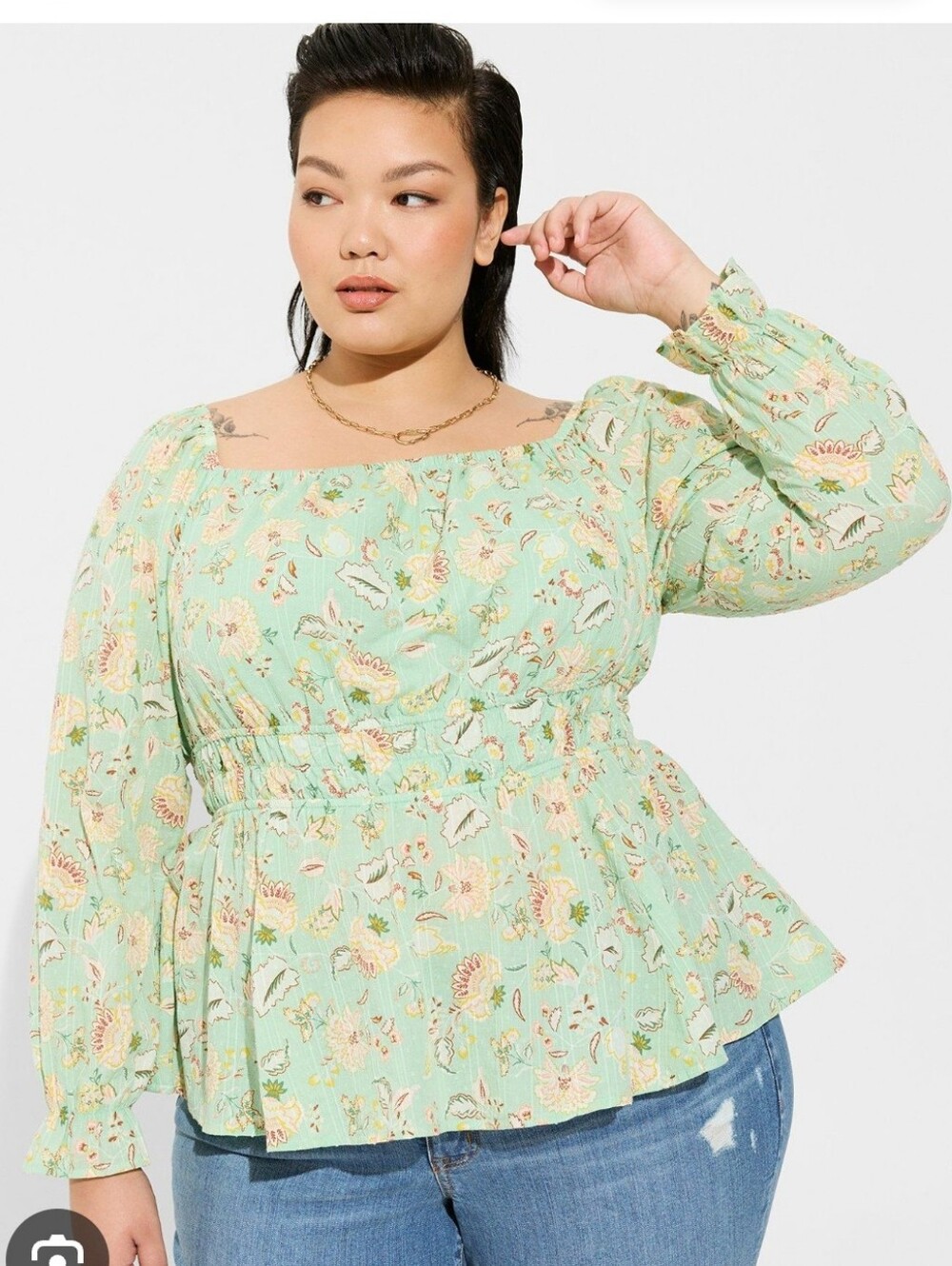 Torrid Floral Smocked Peplum Blouse Mint Green Boho Cottagecore Size 3 (22/24)